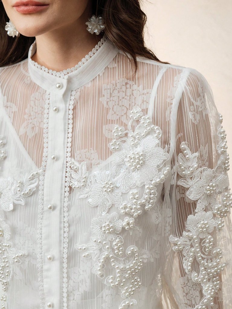 White Elegant Women's Pearl Decor Floral Collar Semi-Sheer Long Sleeve Blouse